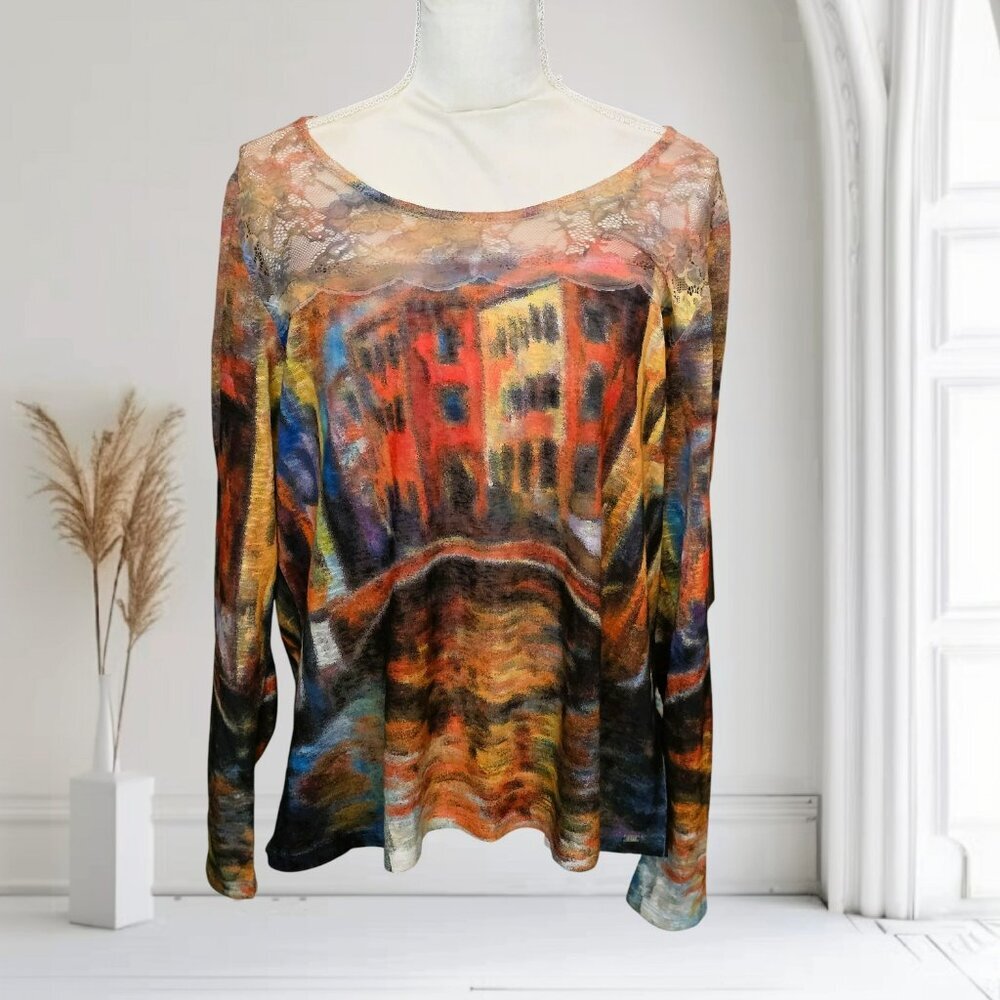 FDJ Multi-Colored Long Sleeve Lacy Top Top‎ in Size XL